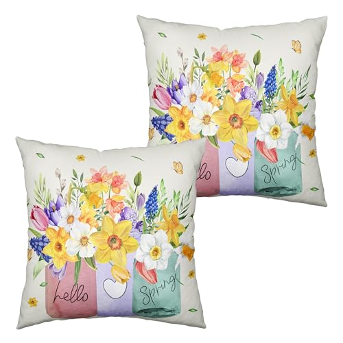 Kwlegh Spring Throw Pillow Covers 16x16 Set of 2 Daffodils Flower Pillow Covers Floral Vase Outdoor Pillowcase Watercolor Cotton Linen Cushion Case for Sofa Outdoor Patio