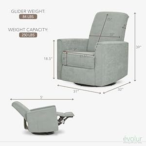 Evolur Harlow Deluxe Upholstered Plush Seating Glider Swivel Power Recliner with USB Port Greenguard Gold Certified Glider Chair for Nursery in Sage