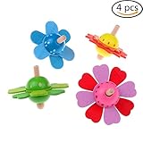 4 Pieces Wood Spinning Tops Wooden Handmade Flower Pattern Toys for Children Kids