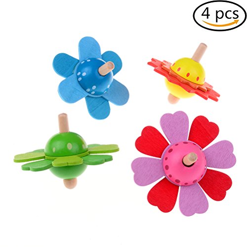 4 Pieces Wood Spinning Tops Wooden Handmade Flower Pattern Toys for Children Kids