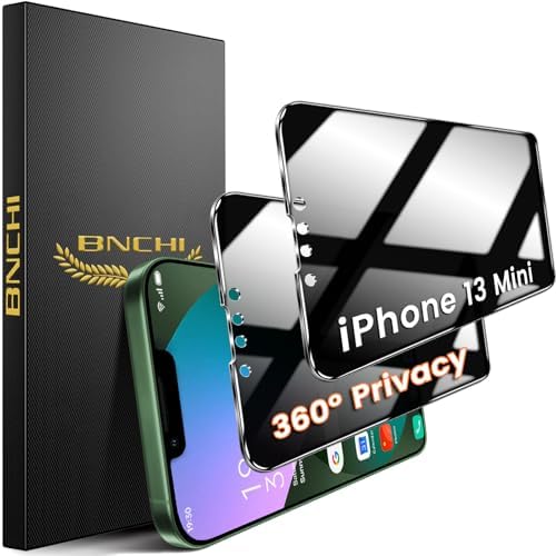 BNCHI 2 Pack 4 Way 360°Privacy Screen Protector for iPhone 13 Mini, Horizontal and Vertical All Around Anti-Spy 9H Tempered Glass Film, Scratch Resistant, Zero Bubbles, Face ID Sensitive