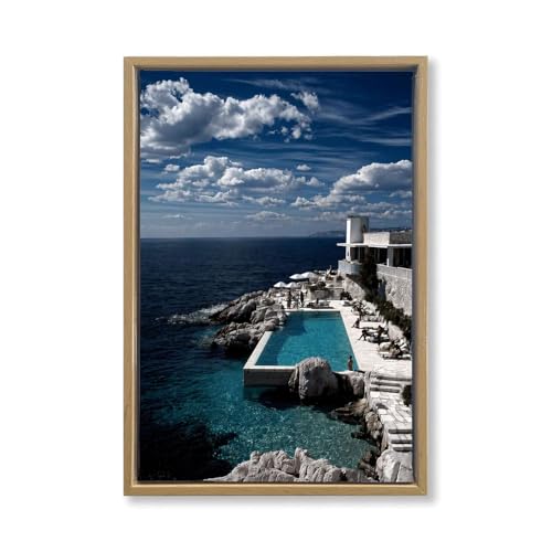 Framed Coastal Infinity Pool Poster Canvas Print Art Modern Minimalist Aesthetic Wall Art Painting Pictures Wall Decor Stunning Home Decor for Living Room Bedroom Office (Wood Grain frame-d,12"LX16"W)