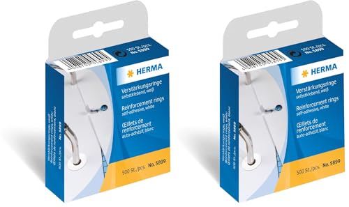 HERMA 5899 Verstärkungsringe auf Rolle (Ø 12 mm, Folie, matt) selbstklebend, reißfest, permanent haftende Lochverstärker, 500 Stück in Spenderbox, weiß (Packung mit 2)