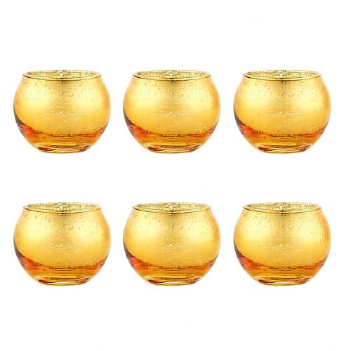 Set of 6 Round Globe Tealight Votives Candle Holder - Gold Mercury Glass
