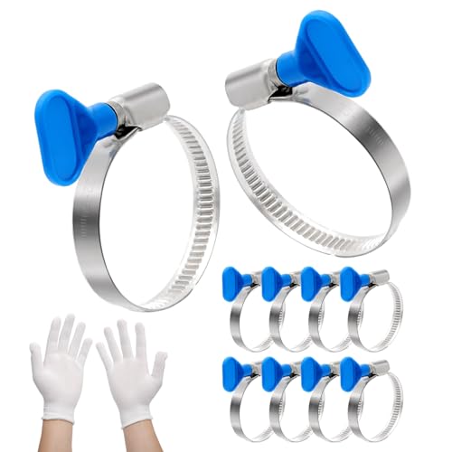 APOMOONS Juego de abrazaderas de manguera de acero inoxidable 32 – 50 mm con 1 par de guantes, 10 piezas abrazaderas de manguera con tuerca de mariposa ajustable para manguera de piscina, gas, agua