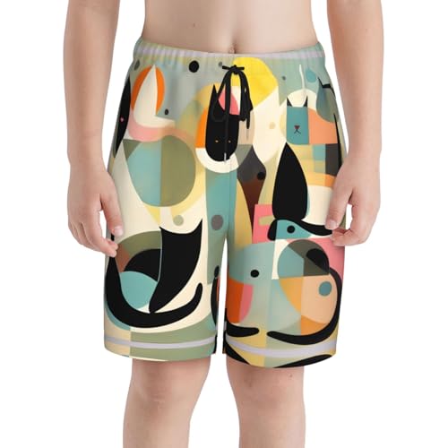 Mid-Century Modern Art Cat Youth Beach Pants, Soft and Breathable, with Drawstring Waist, Suitable for Sports and Leisure.3