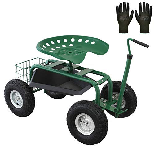 Wheeled Garden Cart Seat Heavy Duty Swivel Mobile Tool Tray Utility Basket Gardening Landscape Weeding Outdoor Work Stool