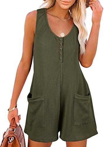 Caramitty Rompers for Women Button Down Summer Waffle Knit Sleeveless Loose Jumpsuits Spaghetti Strap Short Pants Outfit