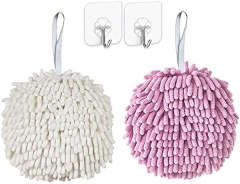 Zapikic Fuzzy Ball Towel 2 Set of Pink and White Quick Dry Hand Bath Towel，Bath Towel Set Decorative Towels for Bathroom Hand Towels with Loop （2 Pack, Pink+White