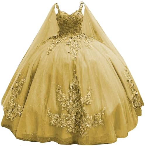 TRHTX Plus Size Gold Quinceanera Dresses with Cape 16