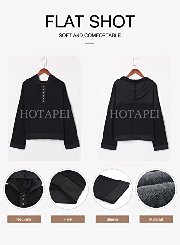 Hotapei Womens Casual V Neck Sweatshirt Long Sleeve Loose Button Up Ribbed Knit Hoodies Black Tops Medium #TOP1