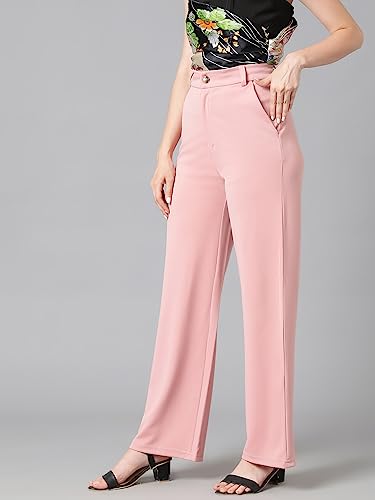 KOTTY Women's High Rise Cotton Blend Relaxed Fit Trousers Peach Pink