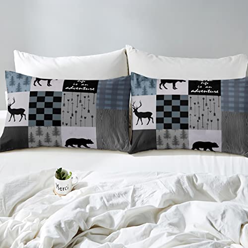 Rustic Cabin Bear Moose Duvet Cover Bear Moose Farmhouse Comforter Cover Farm Forest Bedding Set For Kids Wildlife Bedspread Cover Geometric Plaid Room Decor Twin Size Bedclothes Zipper #TOP4