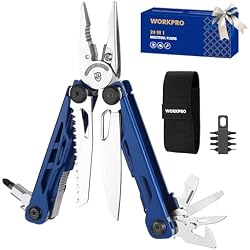WORKPRO Gift for Men & Father, 24-in-1 Mutitool, Stainless Steel Multitool Pliers with Pocket Knife and Screwdrivers, EDC Self-locking Multi Tool with Sheath, Belt Clip for Outdoor Activities, Blue
