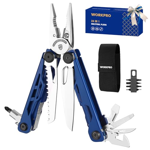 WORKPRO 24-in-1 Mutitool, Stainless Steel Multitool Pliers with Pocket Knife and Screwdrivers, EDC Self-locking Multi Tool with Sheath, Belt Clip for Outdoor Activities, Gifts for Men, Blue 