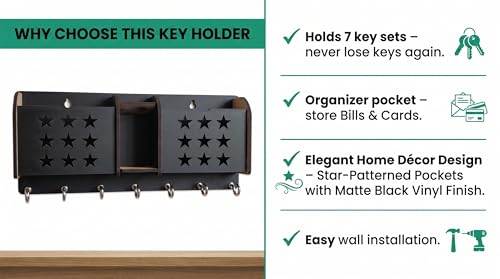 Image of Wall Mount Key Holder & Mail Organizer | Laser-Cut Key Hanger with 7 Metal Hooks, Letter Rack & Pen Stand | Wooden Wall Decor for Entryway, Living Room, Home & Office (Star)