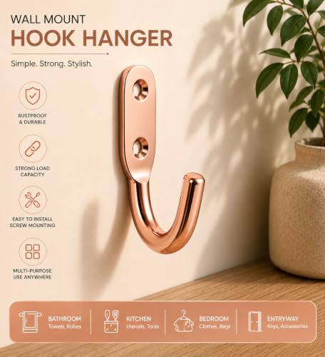 Image of iiSTAR Stainless Steel Unbreakable J Type Hook Bathroom Hooks Cloth Hanger Wall Hook Door Robe Hooks for Hanging Keys,Clothes (Rose Gold-Pack of 20)