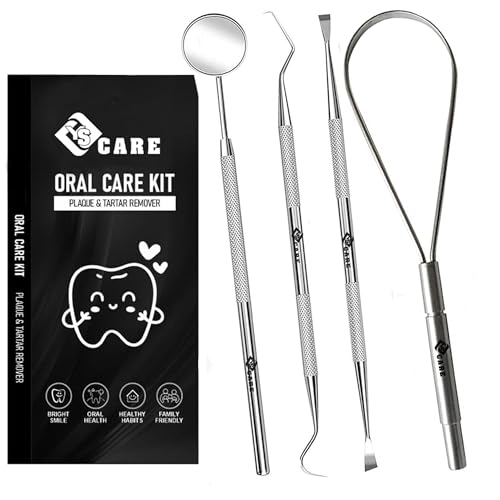 Dental Care Set Cleaning Tools Dental Hygiene Kit teeth set for Home Use stainless steel Mouth Mirror Dental Picks Oral Care set to Remover Tartar Plaque remover Scraper (3 piece set & Tongue)