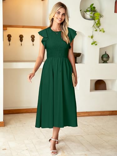 Image of Simplee Womens Striped Midi Summer Dress Linen Smocked Flutter Short Sleeve Dress Flowy Casual Dress with Pockets