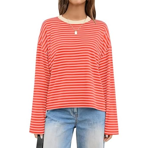 LOMON Striped Long Sleeve Shirt Women Y2k Oversized Crewneck Fall Spring Drop Shoulder Vintage Tops Teen Girl Clothes Orange Striped Large