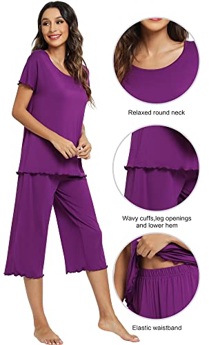 WiWi Viscose from Bamboo Pajamas Set for Women Soft Short Sleeve Tops Capri Pants Sleepwear Plus Size Pjs Sets S-3X4