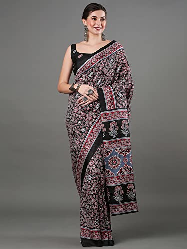 Image of SAREE MALL Women's Ajrak Block Print Dola Silk Saree With Unstitched Blouse Piece