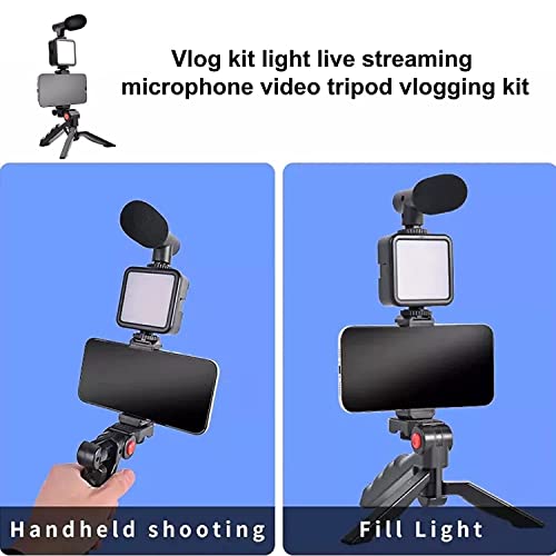 Image of Vlogging Kit 6 in 1 for iPhone, Android (with Tripod), Mini LED + Cardioid Microphone + Phone Clip + Tripod for Live Broadcasting, Video Calling, Vlogging, YouTube, Instagram (T-6.1)