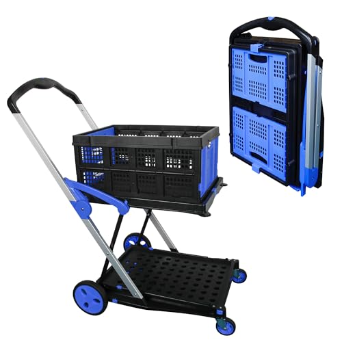 APOXCON Folding Shopping Cart, Two Tier Collapsible Trolley With One Crate, Heavy Duty Cart with Universal wheel Multi Purpose Folding Transport Trolley for Office, Shopping and Picnics