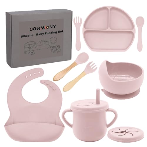 Image of Dormlony 100% Silicone baby feeding set,BPA free Baby dishes set with Suction Bowl Divided Plate,Toddler Self Feeding Dish Set with Spoons Forks Sippy Cup And Bib, Baby Eating Utensils (Lilac)