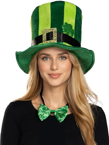 JUST FOR PARTY Adult St. Patrick's Day Hat, Green Stripe Irish Plush Shamrock Top Hat with Bow Tie for Men and Women