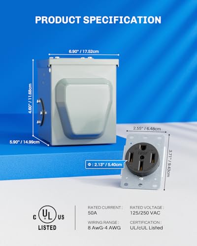 Image of BEBOBLY 50 Amp RV Power Outlet Box, 125 /250 Volt NEMA 14-50R Outlet, Lockable Enclosed Outdoor Plug, Electrical Receptacle Panel, Weatherproof Temporary Hookup for RV Camper Car Travel Generator