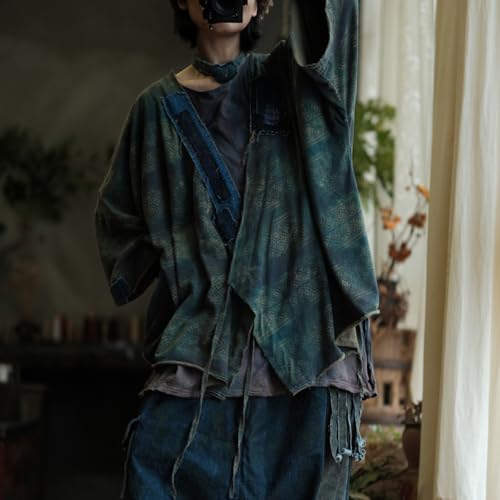 Women Vintage Style Geometric Pattern Cardigan Distressed Denim Look Kimono Shirt3