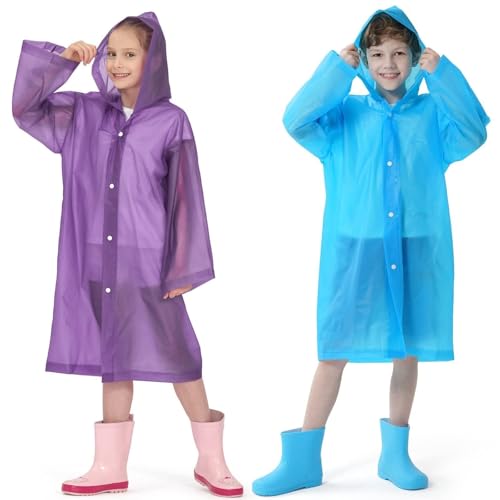 Opret 2 Pack Raincoats for Kids, Reusable Rain Ponchos with Hood and Sleeves Children Waterproof Rain Coats for Boys and Girls, Purple and Blue