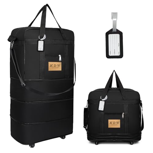 kooldaiwangwang Foldable Travel Bag with Wheels, Extendable Tote Bag, Roller Expandable Luggage Compartment, Large Capacity Lightweight Luggage Bag, Waterproof for Men and Women(Black)