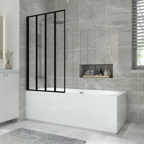 NRG 1700x700mm Acrylic Straight Bath + Black 4 Panel Folding Bath Screen with Front & End Panel White Bathroom Bathtub