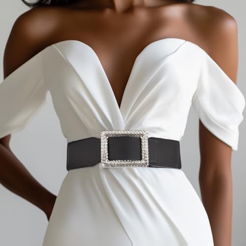 Black Elastic Waist Belts Women Rhinestone Buckle Belts for Dress Vintage Stretchy Belt for Women2