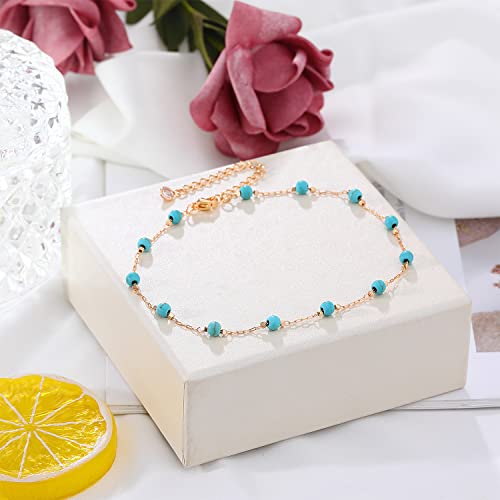 Funeia Gold Ankle Bracelets For Women 14K Gold Plated Anklet For Women Daisy Moon Star Evil Eye Anklet Boho Beach Foot Chain Adjustable Dainty Foot Jewelry (N:round Turquoise) #TOP3