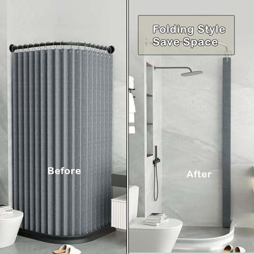 Haoyunll Faltbarer Wasserdichter Anti Schimmel Duschvorhang mit Haken, Waschbarer Eckduschvorhang aus Stoff, Magnetische Duschvorhänge für Badezimmer, 150 g/m², Grau, 180x200cm