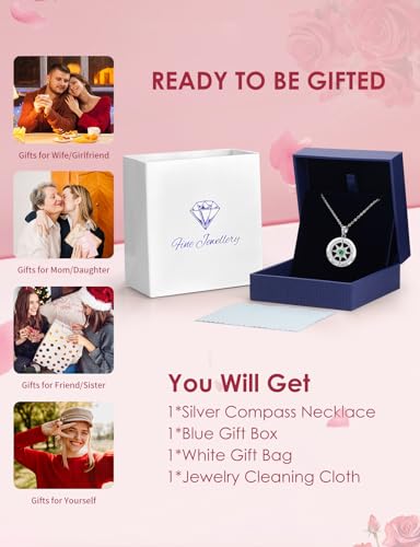Meeshi Silver Compass Necklace for Women Birthday Gifts for Wife Anniversary Necklace for Women Rose Flower Birthstone Necklaces for Wife Jewelry for Womens Girlfriend Mom Daughter - Image 7
