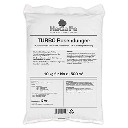 HaGaFe Turbo Rasendünger Mit 30% Stickstoff Spezialdünger Dünger Mit 120 Tage LZW, 10 Kg Für 500 M²