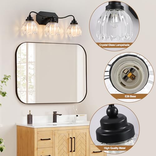 Image of Vintage Bathroom Light Fixtures, 3 Light Bathroom Vanity Light, Black Matte Antique Brass Finish with Crystal Glass Shade, Mid Century Wall Sconces for Bedroom, Living Room, Hallway