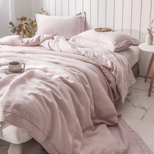 Simple&Opulence 100% Washed Linen Duvet Cover with Embroidered, 3 Pieces Soft Farmhouse Comforter Set with Button Closure,1 Duvet Cover and 2 Pillowshams (Queen,Dusty Pink)