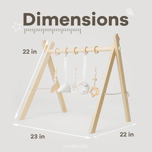 Comfy Cubs Wooden Baby Play Gym - Natural Finish Pinewood Baby Activity Gym with 5 Sensory Hanging Toys - Easy No-Tool Assembly, Safe and Durable for Infant Motor and Visual Development - Natural Wood - Image 3