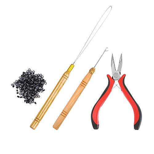 Hair Extensions Beads Tools Kit Micro Ring Link Human Hair Loop Extensions, I-Tip Hair Pliers, Micro Pulling Needle, Loop Threader and 200 Pieces Black Silicone Lined Micro Rings