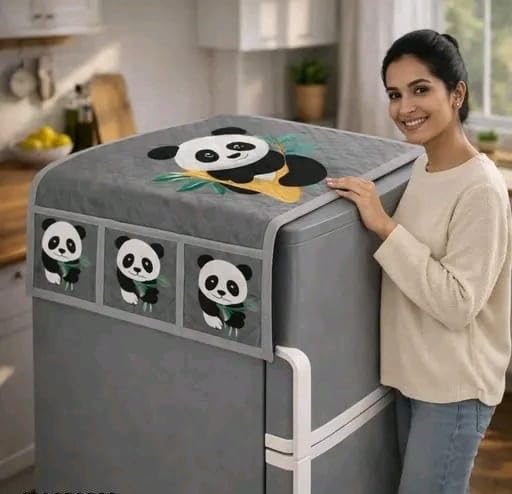 Image of Panda Printed Refrigerator Top Cover with Side Pockets | Dustproof & Waterproof Fridge Cover | Polyester Fabric | Easy Wash | Grey