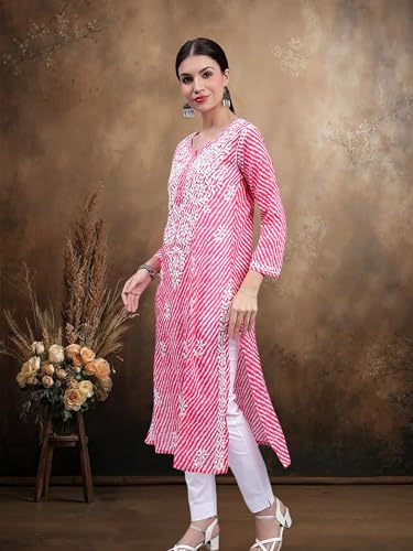 Image of Seva Chikan Hand Embroidered Lucknowi Chikankari Regular Fit Straight Malmal Cotton Kurta Kurti for Women SCL4458