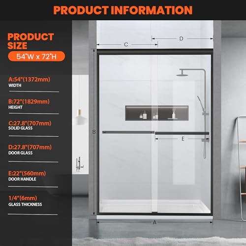 Bathroom Shower Sliding Door, 50\"-54\" W×72\" H Framed Fixed Door for Shower Enclosure, 1/4\"(6mm) Thick Clear Tempered Glass with Handles, Matte Black Finish
