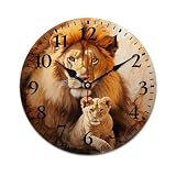 HighonHi Lioness Mom and The Cub Clocks Wildlife Animal Rustic Wooden Art Hanging Clock Battery Operated Silent Home Office School Arabic Numeral 10 Inch Round