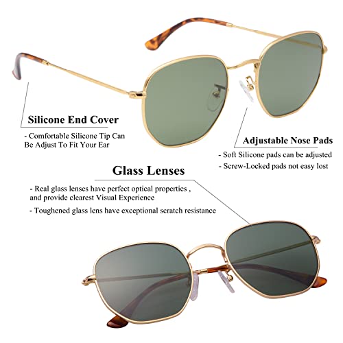 Image of Retro Glass Lens Hexagonal Sunglasses for Men Women Vintage Square Metal Frame Flat Lens Sun glasses