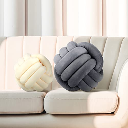 2 Pieces Soft Knot Ball Pillows Round Throw Pillow Cushion Home Decoration Plush Pillow, Throw Knotted Pillow Handmade Round Plush Pillow White, 7.8 Inch, Gray, 10.6 Inch #TOP13